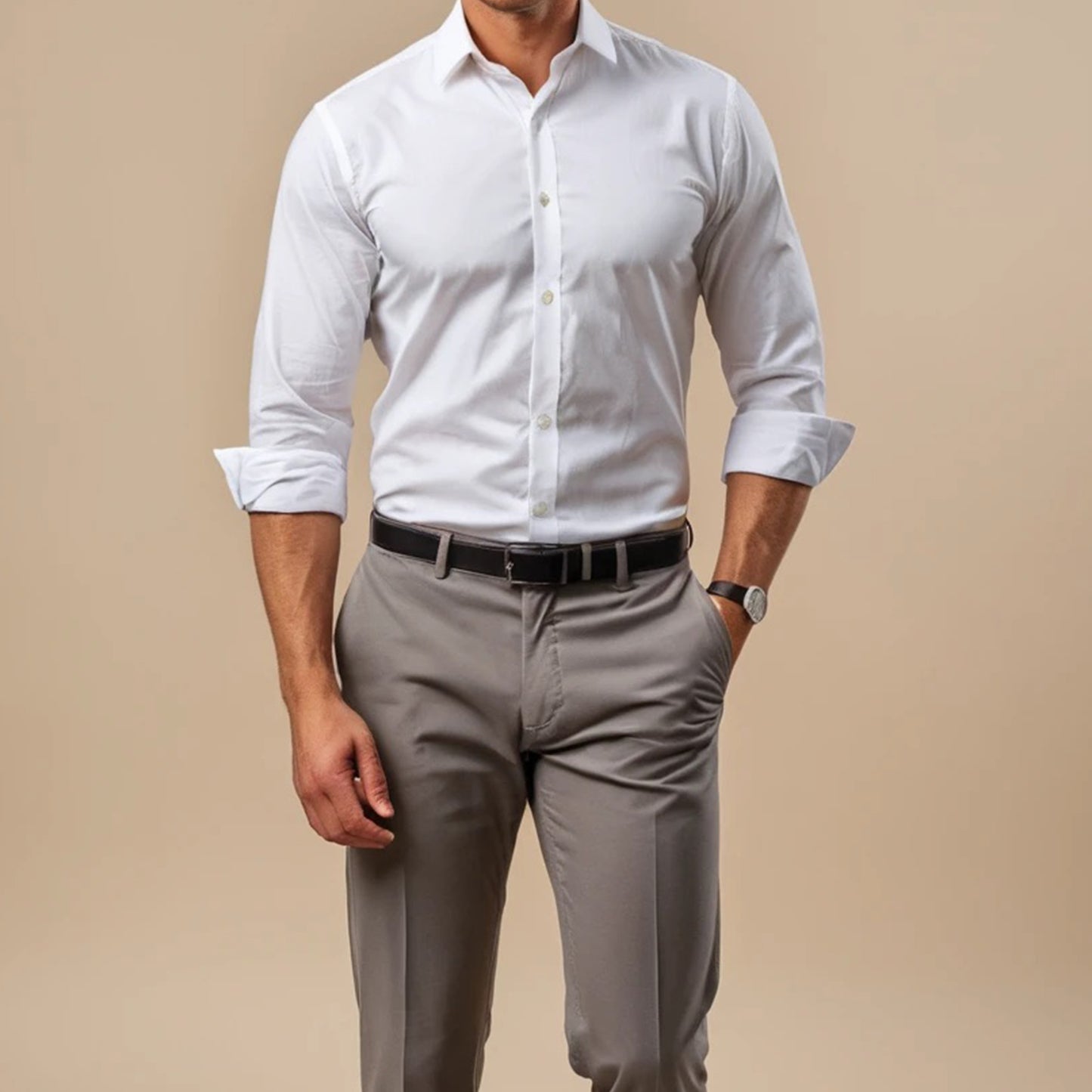 Man wearing a crisp white button-down shirt with the sleeves rolled up and paired with grey trousers and a black belt. The image showcases the James Men’s Shirt Sewing Pattern, available in US sizes XS to XXL. The background is a plain beige color. Text overlay mentions that the pattern comes with a step-by-step instruction manual and is suitable for beginners.