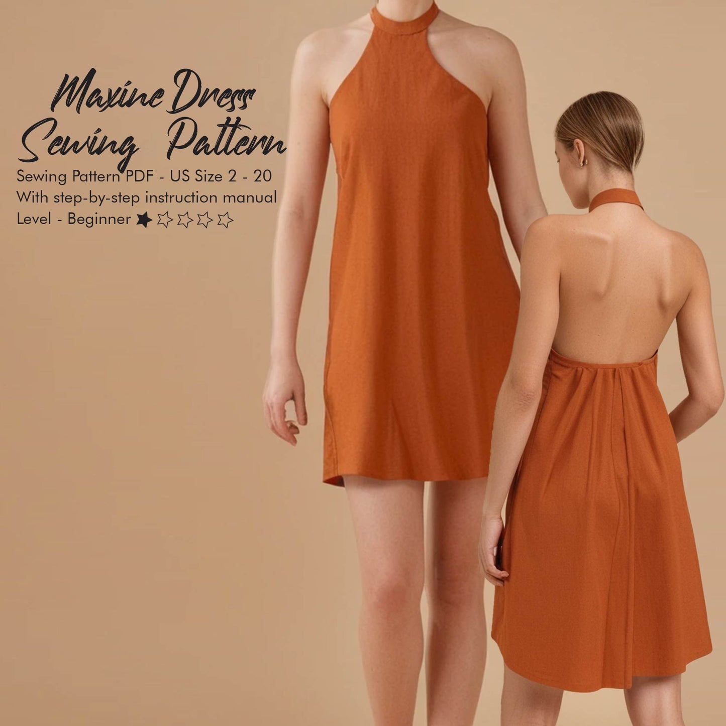 A sleeveless halter-neck mini dress in burnt orange is shown from the front and back on a model. The front view features a high neckline and a straight silhouette, while the back view reveals a stylish open-back design with gathered fabric at the waist. The image includes text reading "Maxine Dress Sewing Pattern," indicating it's a beginner-level sewing pattern in PDF format for US sizes 2–20, with a step-by-step instruction manual.