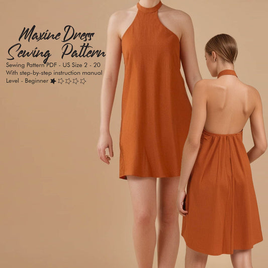 A sleeveless halter-neck mini dress in burnt orange is shown from the front and back on a model. The front view features a high neckline and a straight silhouette, while the back view reveals a stylish open-back design with gathered fabric at the waist. The image includes text reading "Maxine Dress Sewing Pattern," indicating it's a beginner-level sewing pattern in PDF format for US sizes 2–20, with a step-by-step instruction manual.