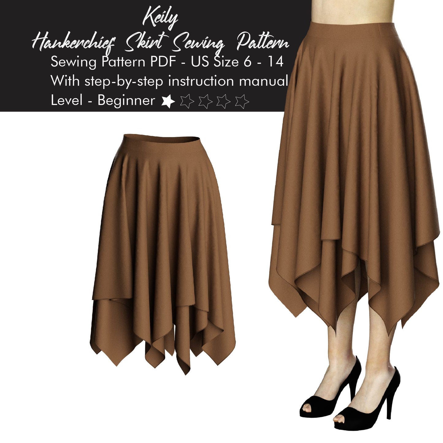 DIY Women Flowy Handkerchief Hemline Midi Skirt Digital Sewing Pattern