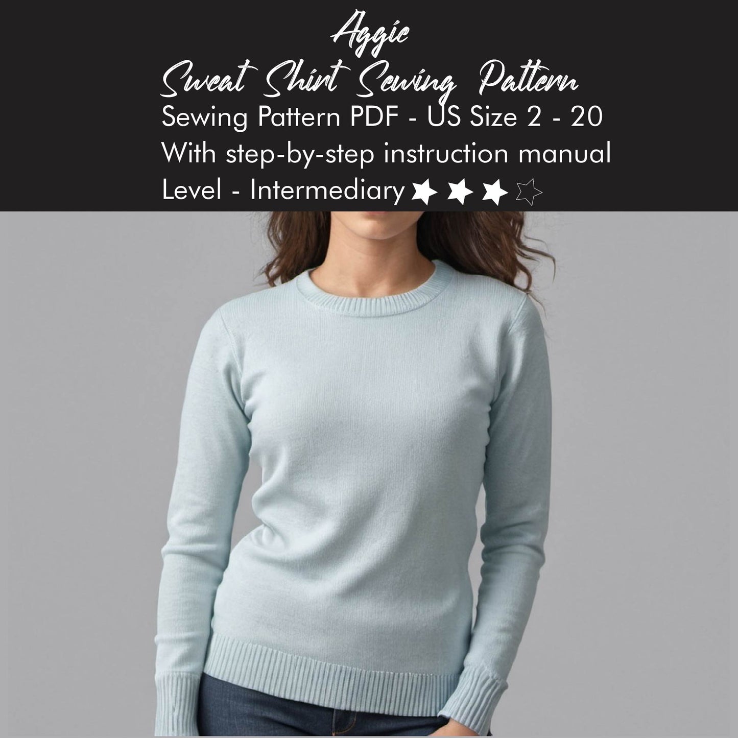 Women Sweater Polo Neck Long Sleeve Sweatshirt Digital Sewing Pattern