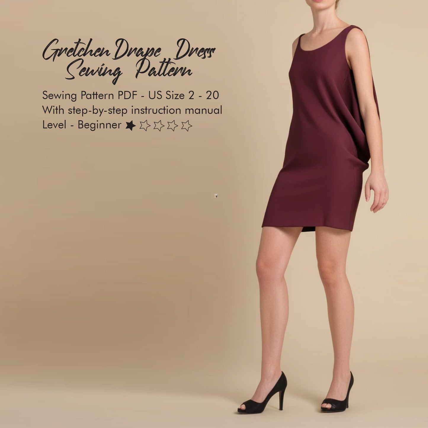 a sleeveless drape dress sewing pattern titled 'Gretchen Drape Dress Sewing Pattern'. The model is wearing a burgundy mini dress with side drapes, paired with black heels. The pattern is available as a PDF for US sizes 2-20, labeled beginner level with a step-by-step instruction manual