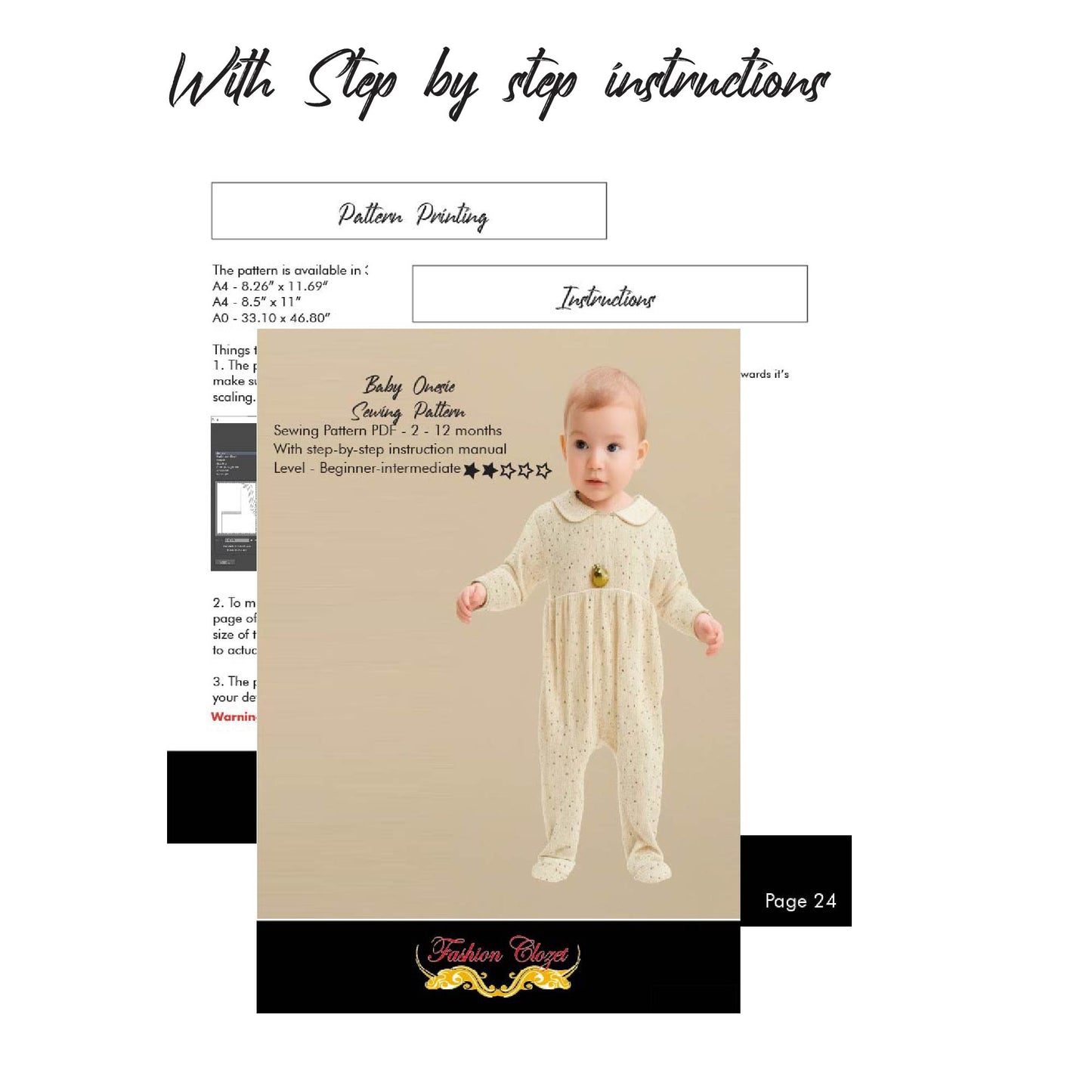 Baby Onesie Bodysuit Digital Sewing Pattern for 2 - 12 Months Old Babies