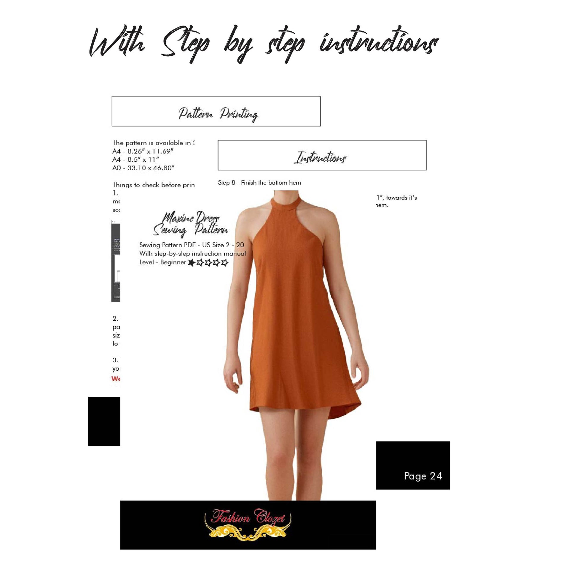 Alt-text: A sewing pattern instruction page for the "Maxine Dress" features a model wearing a burnt orange halter-neck mini dress. The text mentions the dress is available in PDF format for US sizes 2–20 and rated beginner-level with step-by-step instructions. The page includes sections titled "Pattern Printing" and "Instructions," and a note on finishing the bottom hem. At the bottom, there's a logo for "Fashion Closet" and a label indicating it's page 24.